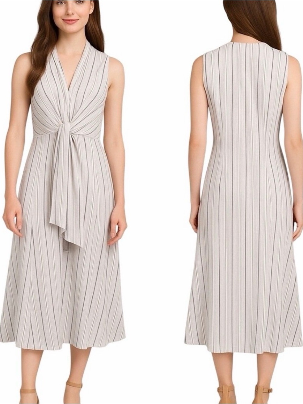 Tahari Sleeveless Twist-Front Midi Dress in Light Gray Stripe